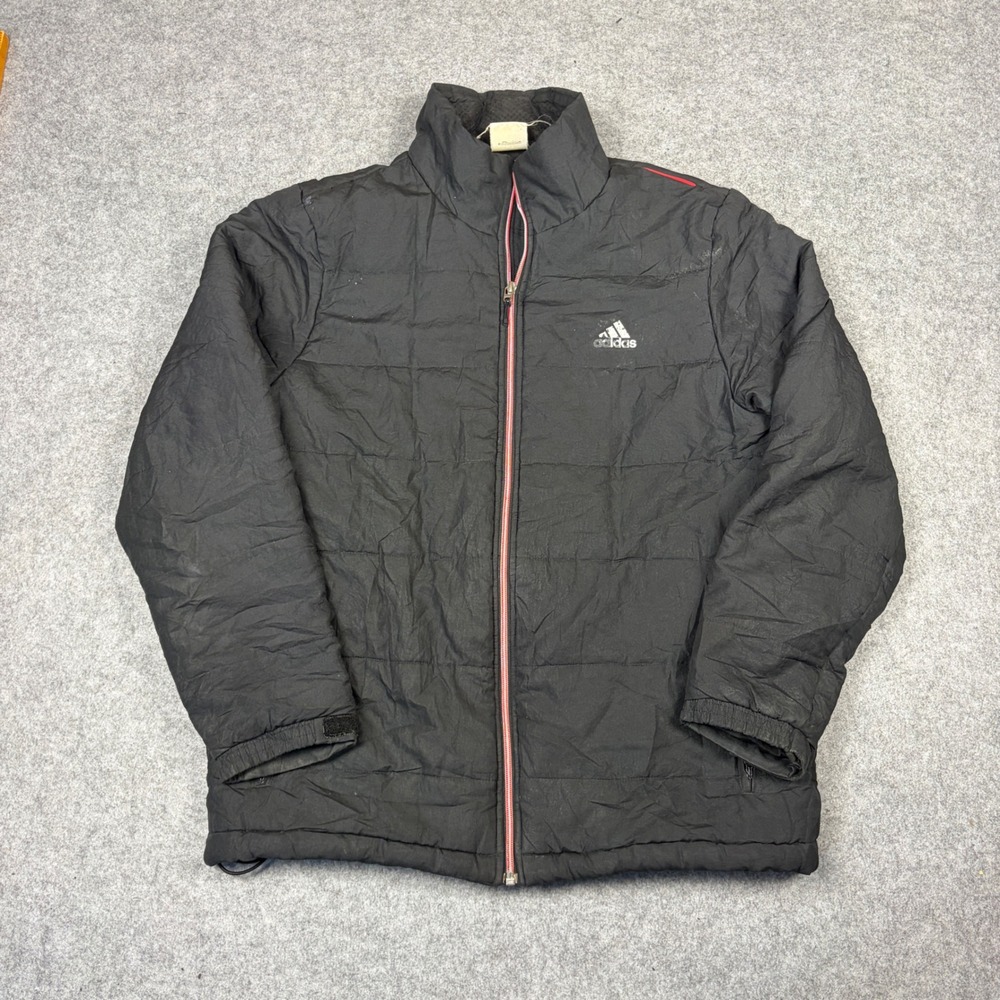 Adidas Mens Puffer Jacket Black Quilted Full Zip Three Stripe Graphic Large